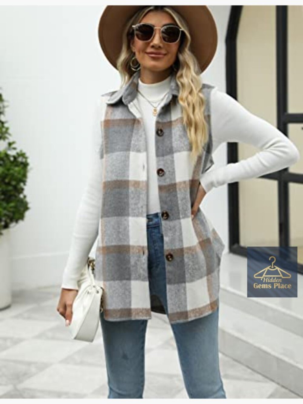 Women's Plaid Vest Brushed Flannel Sleeveless Shacket with Pockets - Picture 2 of 7